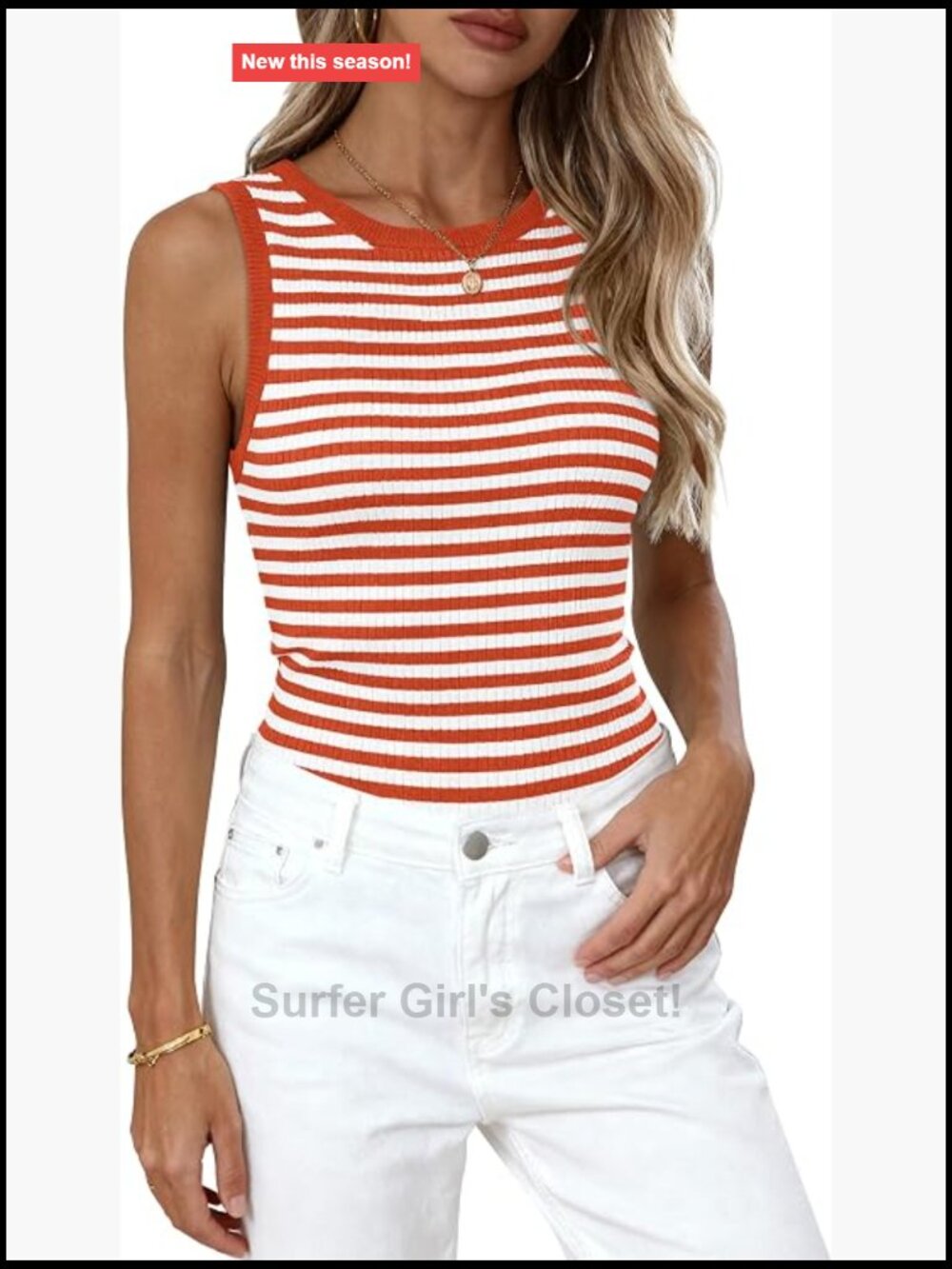 Womens Ribbed Knit Striped High Neck Sleeveless Tank Top Slim Fit Summer